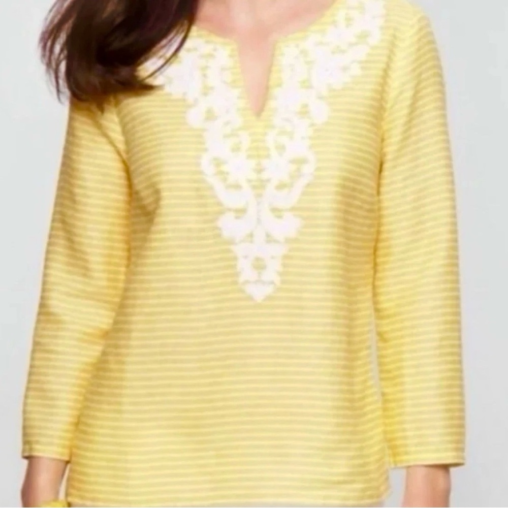 Talbots M Linen Top Yellow White Stripe V Notch Embroidery Beaded Coastal Beach - Picture 2 of 13
